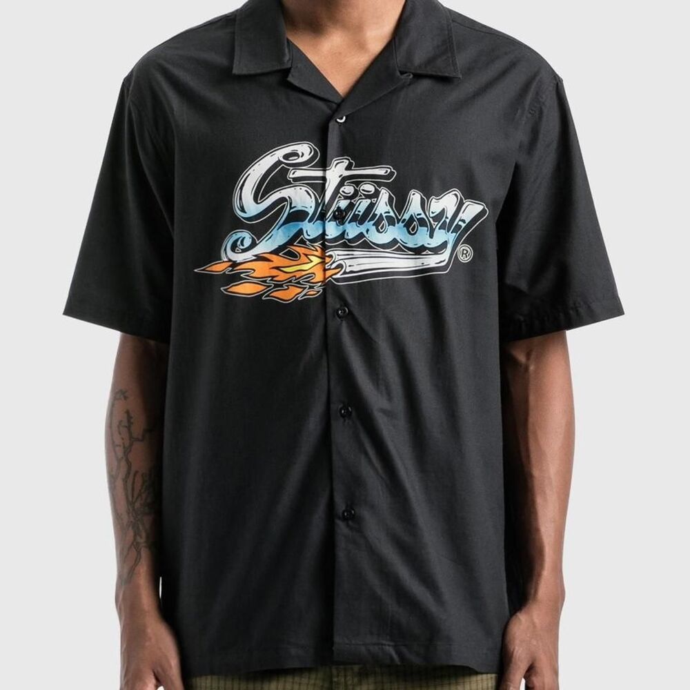 Stussy Cruising Button Up Shirt Black M Camp Collar Hot Rod Streetwear
